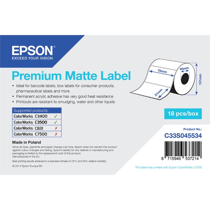 Epson Premium Matte Label - Die-cut Roll: 76mm x 51mm, 650 labels