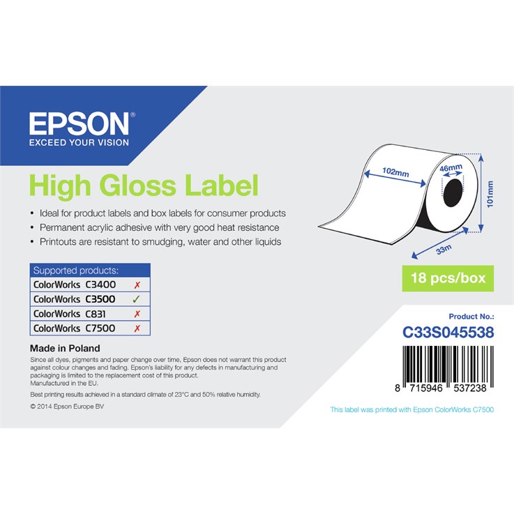 Epson High Gloss Label - Continuous Roll: 102mm x 33m