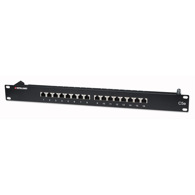 Intellinet Patch Panel, Cat5e, FTP, 16-Port, 1U, Shielded, 90° Top-Entry Punch Down Blocks, Black