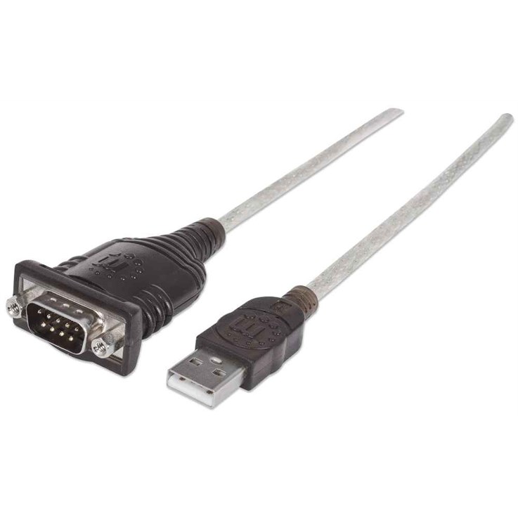 Manhattan USB-A to Serial Converter cable, 1.8m, Male to Male, Serial/RS232/COM/DB9, Prolific PL-2303RA Chip, Black/Silver cable, Three Years Warranty, Polybag