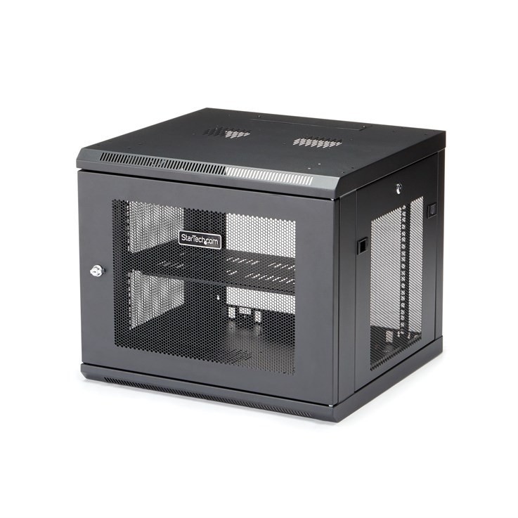 StarTech.com 4-Post 9U Wall Mount Network Cabinet with 1U Shelf, 19" Wall-Mounted Server Rack for Data / AV / Electronics / Computer Equipment, Small Vented Rack Enclosure