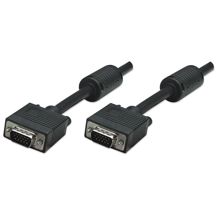 Manhattan VGA Monitor Cable (with Ferrite Cores), 10m, Black, Male to Male, HD15, Cable of higher SVGA Specification (fully compatible), Shielding with Ferrite Cores helps minimise EMI interference for improved video transmission, Lifetime Warranty, Polyb