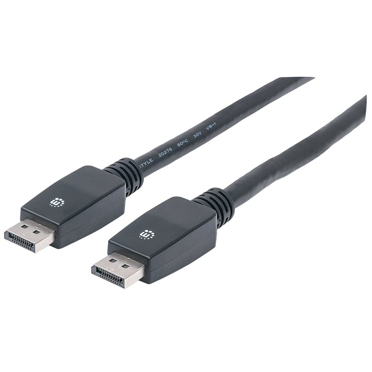 Manhattan DisplayPort 1.1 Cable (Clearance Pricing), 4K@60Hz, 10m, Male to Male, With Latches, Fully Shielded, Black, Lifetime Warranty, Polybag