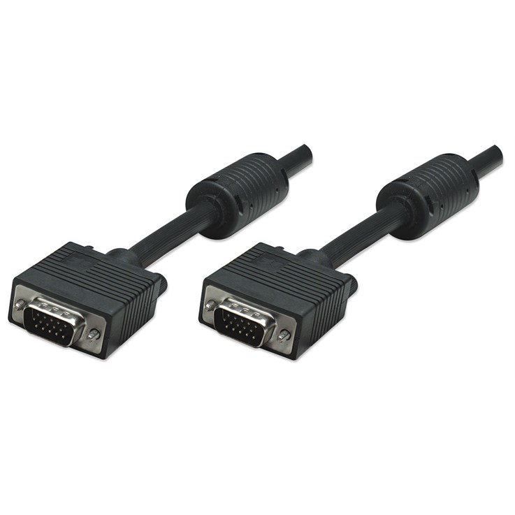 Manhattan VGA Monitor Cable (with Ferrite Cores), 1.8m, Black, Male to Male, HD15, Cable of higher SVGA Specification (fully compatible), Shielding with Ferrite Cores helps minimise EMI interference for improved video transmission, Lifetime Warranty, Poly