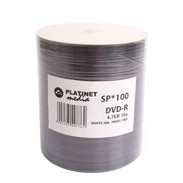 Platinet DVD-R (100 pack), 4.7GB 16X, Full Face / Wide Inkjet Printable Pro, White, Shrink Pack