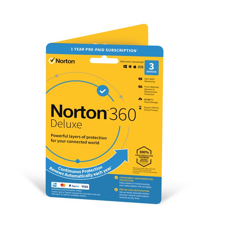 Norton 360 Deluxe | 3 Devices | 1 Year Subscription with Automatic Renewal | Secure VPN | PCs, Mac, Smartphones and Tablets