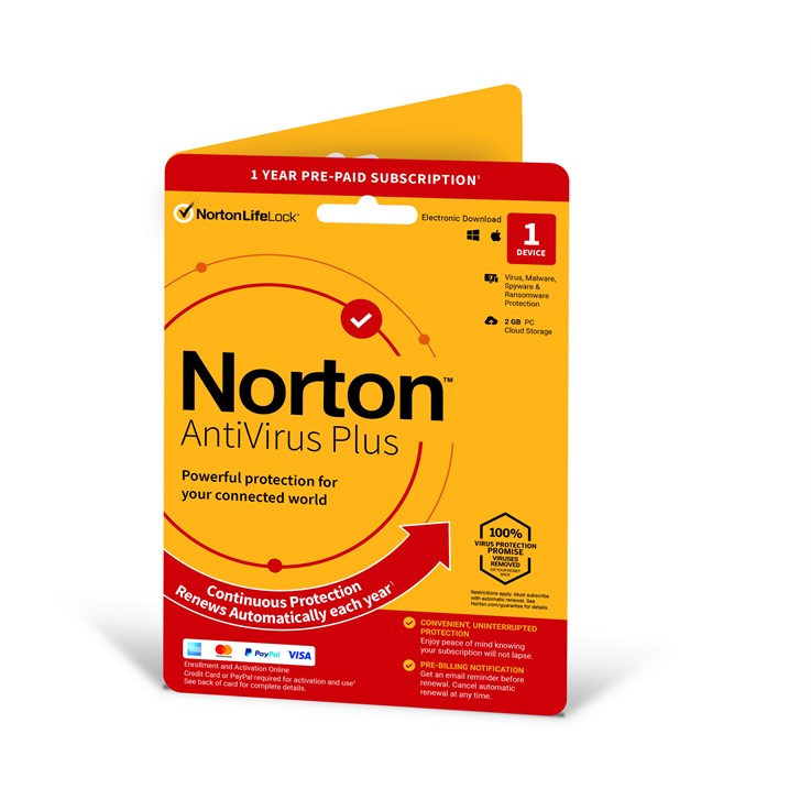 Norton AntiVirus Plus | 1 Device | 1 Year Subscription with Automatic Renewal | 2 GB Cloud Backup | PC/Mac | Password Manager