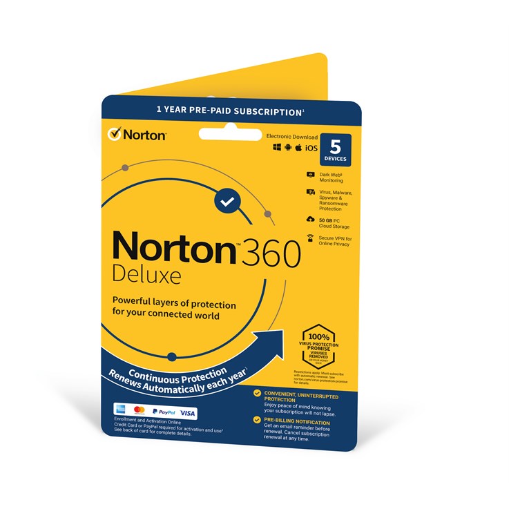 Norton 360 Deluxe | 5 Devices | 1 Year Subscription with Automatic Renewal | Includes Secure VPN and Password Manager | PCs, Mac, Smartphones and Tablets