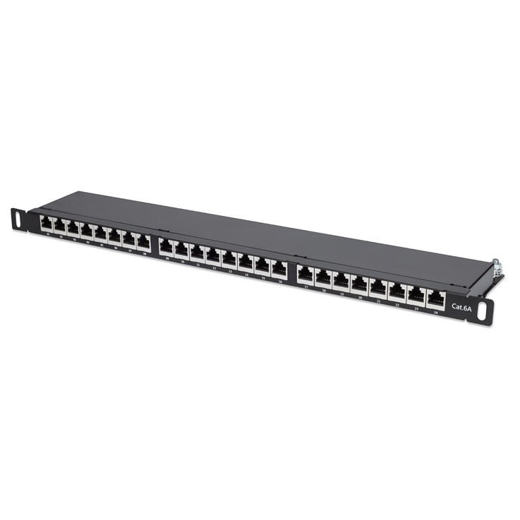 Intellinet Patch Panel, Cat6a, FTP, 24-Port, 19", 0.5U, Shielded, 90° Top-Entry Punch Down Blocks, Black