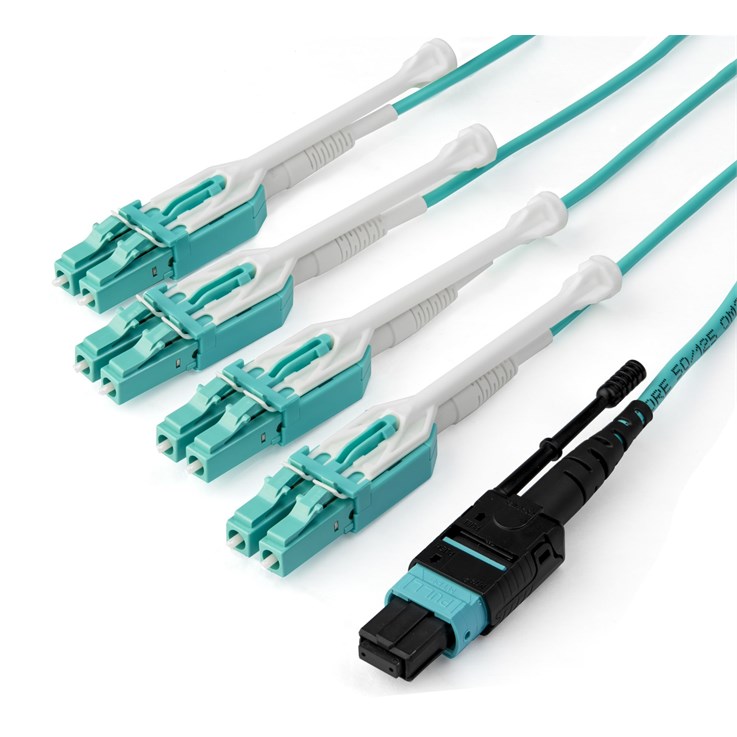 StarTech.com 3m (10ft) MTP(F)/PC to 4x LC/PC Duplex Breakout OM3 Multimode Fiber Optic Cable, OFNP Plenum, 40G Networks, Low Insertion Loss - Fiber Jumper Cord