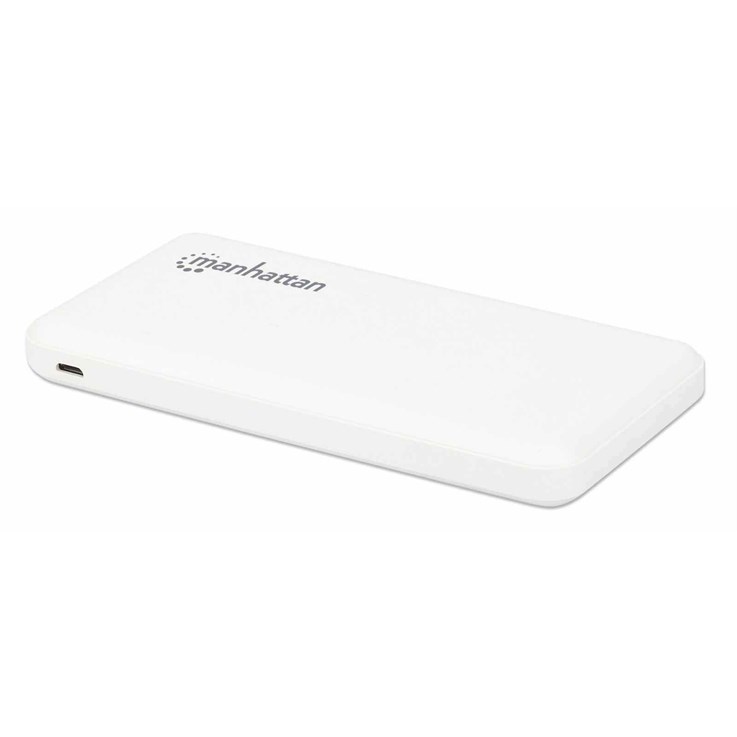 Manhattan Power Bank, 10000 mAh, Output: 2x USB-A (2.1A & 1A), Input: USB-C & Micro-USB (both 2A), White, One Year Warranty, Blister