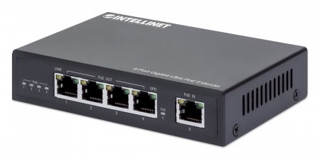 Intellinet 4-Port Gigabit Ultra PoE Extender, Adds up to 100 m (328 ft.) to PoE Range, 90 W PoE Power Budget, Four PSE Ports with up to 30 W Output, IEEE 802.3bt/at/af Compliant, Metal Housing