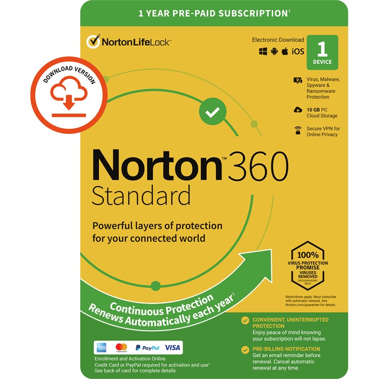 Norton 360 Standard | 1 Device | 1 Year Subscription with Automatic Renewal | Includes Secure VPN and Password Manager | PCs, Mac, Smartphones and Tablets