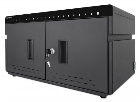 Manhattan Charging Cabinet/Cart via USB-C x20 Devices, Desktop, Power Delivery 18W per port (360W total), Suitable for iPads/other tablets/phones, Bays 264x22x235mm, Device charging cables not included, Silent Ventilation, Lockable (2 keys), EU & UK power