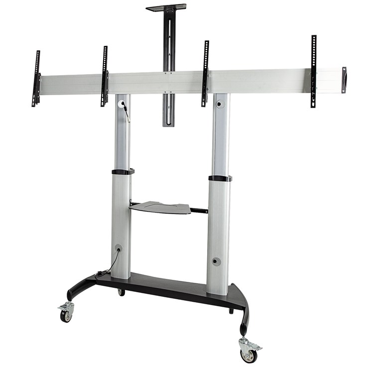 StarTech.com Dual TV Cart for 37-60in VESA TVs up to 110lb/50kg each - Height Adjustable TV Mount, Mobile Display Cart w/ Equipment Shelves - Rolling TV Cart on Wheels - Rolling TV Stand