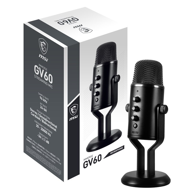 MSI IMMERSE GV60 STREAMING MIC 'USB Type-C Interface and 3.5mm Aux, For Professional applications with Intuituve control in 4 modes: Stereo, Omnidirectional, Cardioid and Bidirectional'