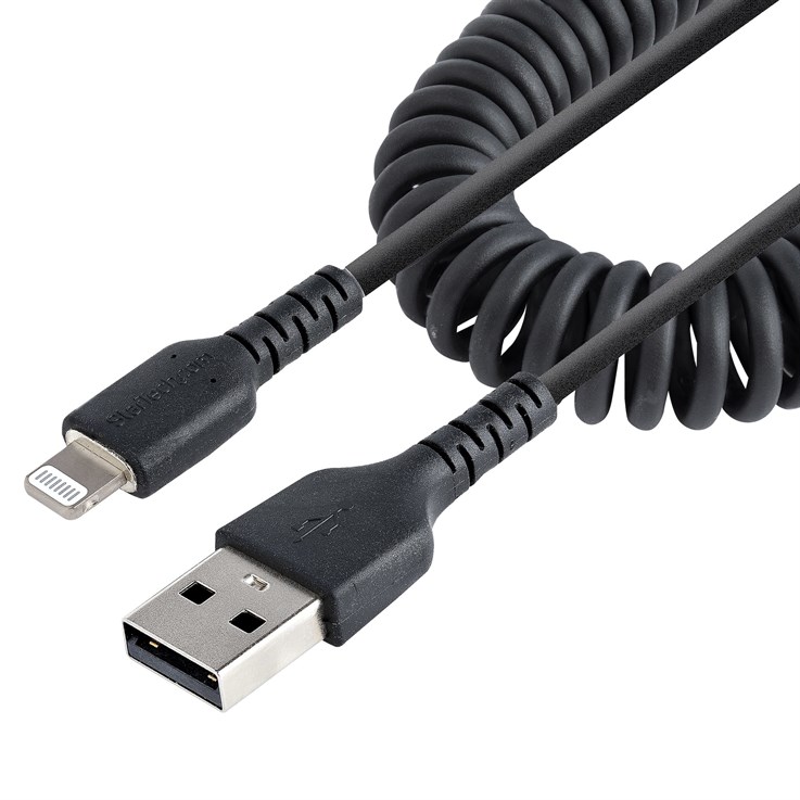 StarTech.com 1m (3ft) USB to Lightning Cable, MFi Certified, Coiled iPhone Charger Cable, Black, Durable TPE Jacket Aramid Fiber, Heavy Duty Coil Lightning Cable