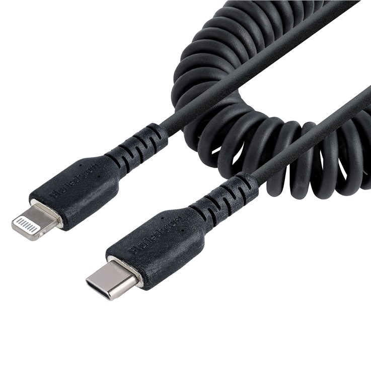 StarTech.com 20in / 50cm USB C to Lightning Cable, MFi Certified, Coiled iPhone Charger Cable, Black, Durable TPE Jacket Aramid Fiber, Heavy Duty Coil Lightning Cable