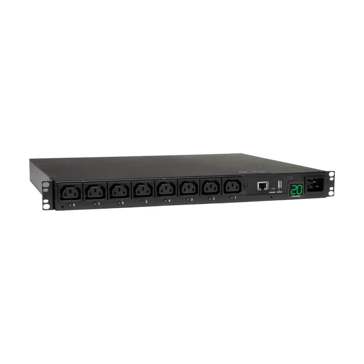 Tripp Lite PDUMH20HVNET 3.7kW Single-Phase 208/230V Switched PDU - LX Platform, 8 C13 Outlets, C20 Input with L6-20P Adapter, 2.4m Cord, 1U Rack-mount, TAA